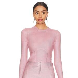 NBD‎ Talya Metallic Coated Sweater Pink Long Sleeve Ribbed Neck Pullover Sz S